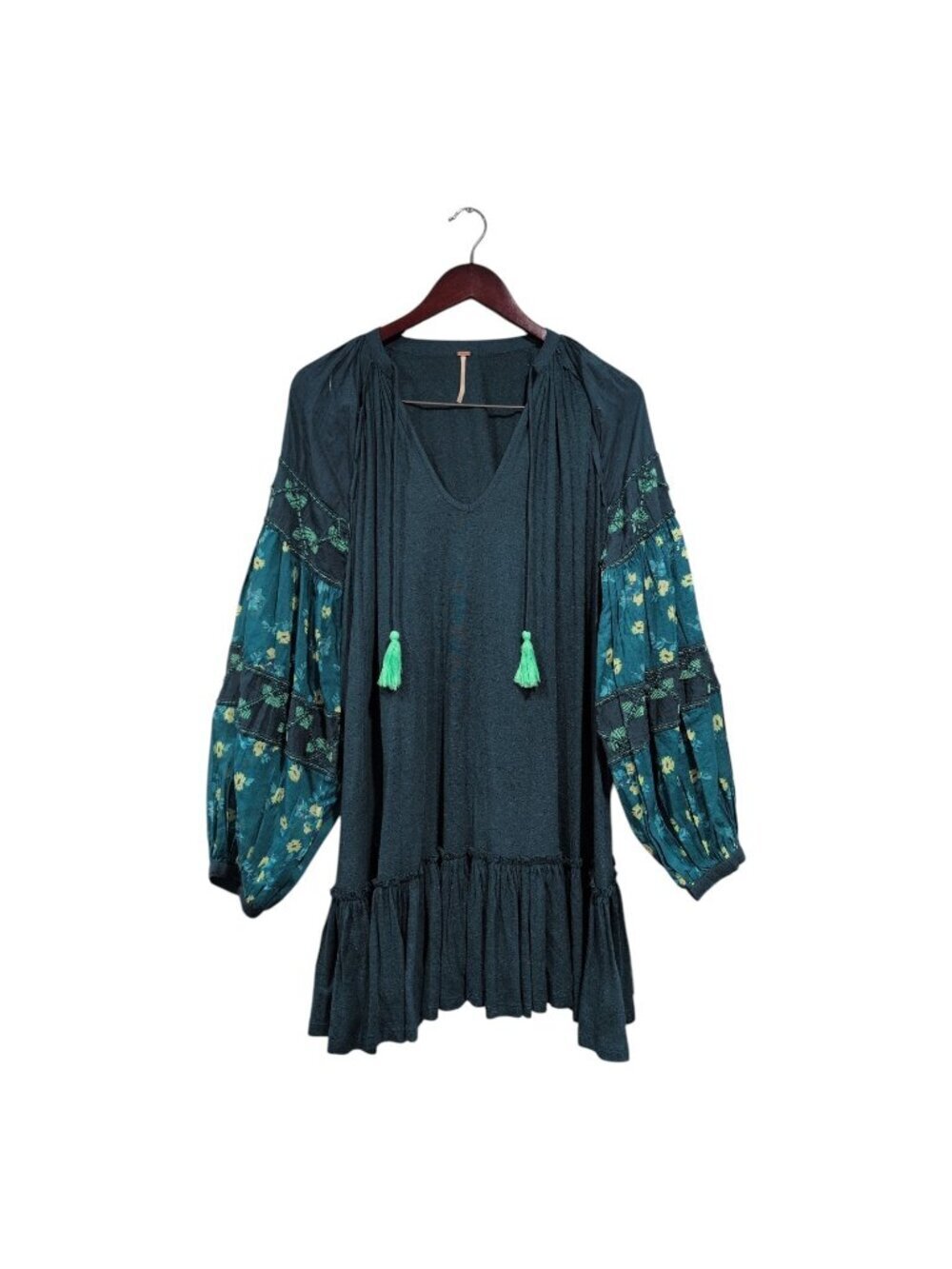 Free People Women Mix It Up Mini Tunic Dress Teal Beaded Embroidered Tassel Sz M